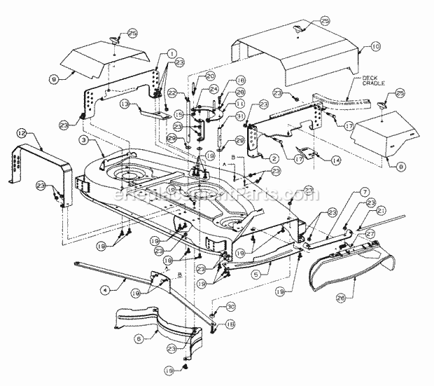 54" Fixed Deck Main Assembly Diagram and Parts List for 5416R 457900-460859, 553C562K100, 554C562K100 Cub Cadet Lawn Mower